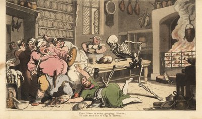 La mort poignarde un gros cuisinier à mort avec une broche tenant un poulet rôti. - Thomas Rowlandson