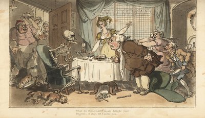 Le squelette de la Mort avec une flèche et un sablier vient pour le gourmand alors qu