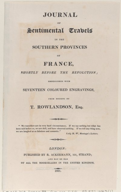 Page de titre, du Journal des voyages sentimentaux dans les provinces du sud de la France - Thomas Rowlandson