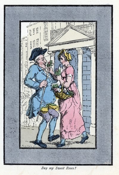 Marchand de fleurs itinérant, approchant un gentilhomme souriant avec un petit bouquet de roses (1819). Gravure sur bois, d