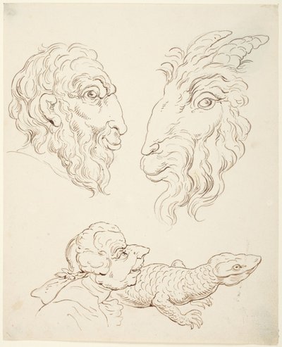 Deux caricatures : un homme et une chèvre, un homme et un lézard - Thomas Rowlandson