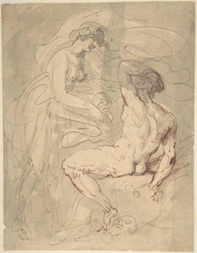 Une femme parlant à un homme nu assis - Thomas Rowlandson