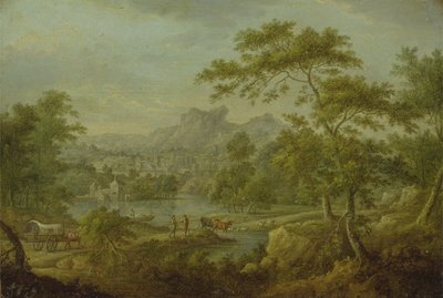 Paysage imaginaire avec une charrette et une vue lointaine d