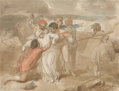 Une femme sauvée de la mer et assistée à terre, bateau à rames et sauveteurs en arrière-plan - Thomas Stothard