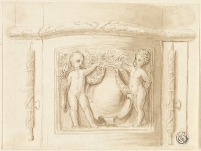 Base de pilastre avec relief, avec 2 putti, bouclier - Thomas Stothard