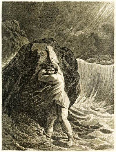 Robinson Crusoé naufragé et accroché à un rocher de La vie et les aventures surprenantes de Robinson Crusoé, marin de York par Daniel Defoe - Thomas Stothard