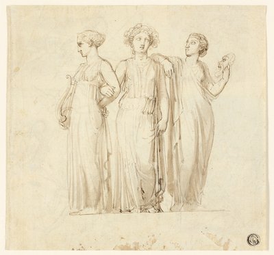 Trois muses (recto) ; Étude de chevalier et moine pour une illustration dans un roman gothique (verso) - Thomas Stothard
