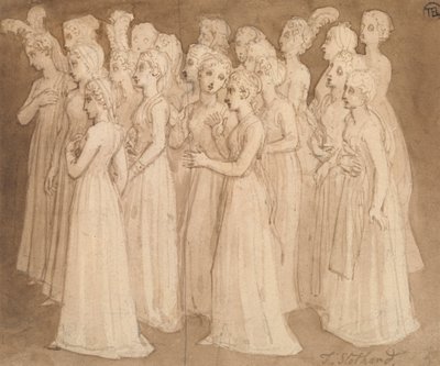 Vingt jeunes filles en groupe marchant vers la gauche - Thomas Stothard