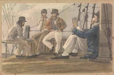 Quatre marins se détendent sur le pont, l