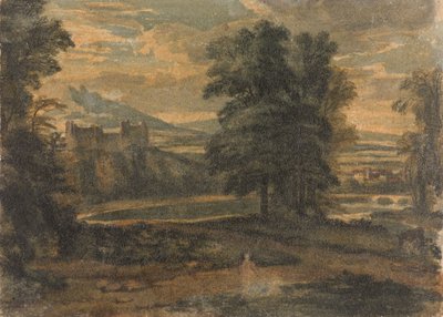 Paysage avec montagnes, château, arbres et lac - Thomas Sully