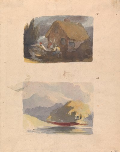 Deux dessins sur une feuille : Cottage avec figures devant (n° 15) ; Paysage avec rivière et montagnes - Soleil (n° 16) - Thomas Sully