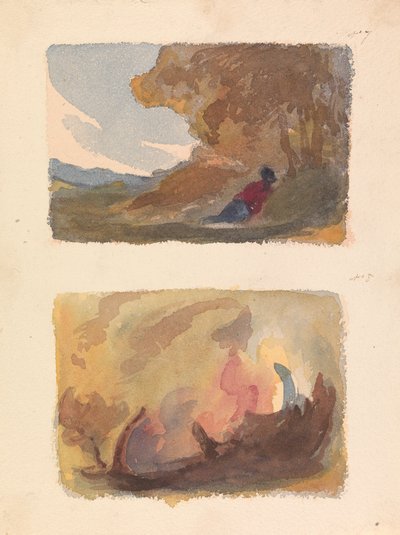Deux dessins sur une feuille : Paysage avec figure allongée contre une colline - Titien et école vénitienne (n° 7) ; Paysage - Variété de lavis aquarelle (n° 8) - Thomas Sully