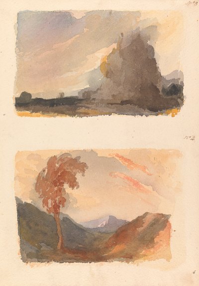 Deux dessins sur une feuille : Paysage avec grande falaise au premier plan - Principe de Cuyp (n° 3) ; Paysage avec arbre au premier plan, montagnes au loin - Principe de Both (n° 4) - Thomas Sully