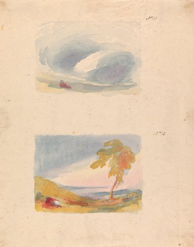 Deux dessins sur une feuille : Étude du ciel - Principe de Turner (n° 11) ; Paysage avec collines et arbre (n° 12) - Thomas Sully