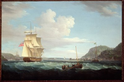 Une frégate britannique avec une chaloupe au large du cap de Gallows Hill, Broad Bay, île de Lewis, Hébrides - Thomas Whitcombe