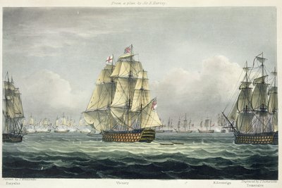 HMS Victory naviguant vers la ligne française flanquée de l