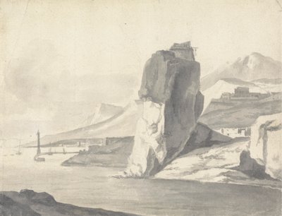 Une scène côtière (italienne) avec brise-lames, hautes falaises et un fort - Thomas Wyck