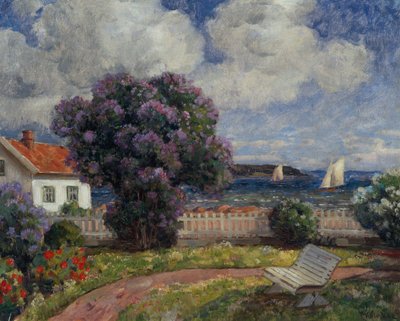 Paysage côtier avec buisson de lilas en fleurs - Thorolf Holmboe