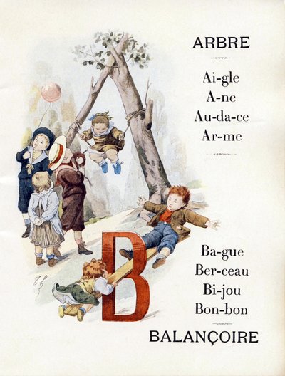 Lettres A et B représentant des enfants jouant à la balançoire, fin du 19ème siècle (chromolithographie) - Timoleon Marie Lobrichon