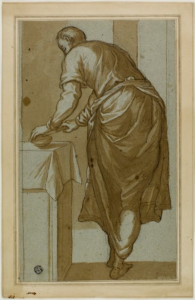 Homme debout vu de dos coupant du pain - Tintoretto