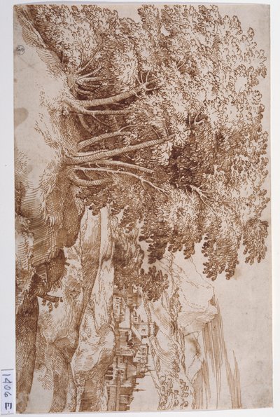 Paysage avec des arbres à gauche et une ville en arrière-plan - Titian (c.1488 1576)