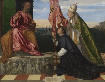 Dutch : Jacopo Pesaro, évêque de Paphos, présenté par le pape Alexandre VI Borgia à Saint Pierre Jacopo Pesaro, évêque de Paphos, présenté par le pape Alexandre VI à Saint Pierre - Titian