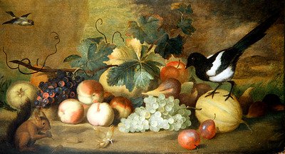 Une nature morte de fruits avec une pie et un écureuil roux - Tobias Stranover