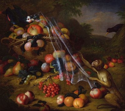 Fruits mélangés avec un singe, un perroquet, un geai et deux pinsons dans un paysage - Tobias Stranover