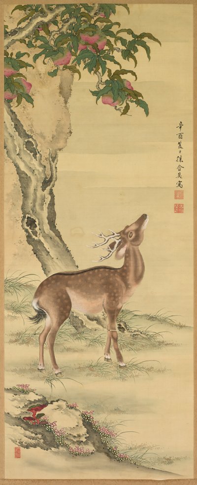 Symboles de longévité : Cerf sous pêche et pin (Pin) (droite) - Toda Tadanaka