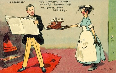 La servante de la maison de pension apporte ses bottes et ses lettres (chromolitho) - Tom Browne