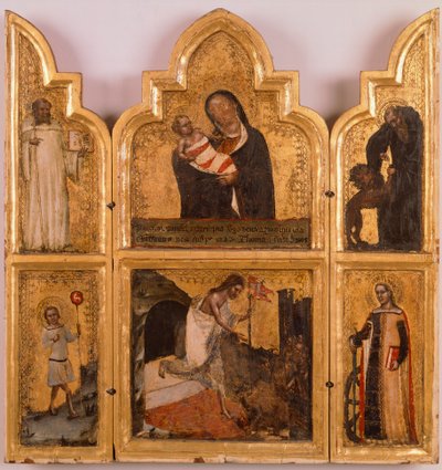 Polyptyque en bois doré avec Vierge et Enfant, la résurrection du Christ et des Saints - Tomaso da (late 15th century) Modena