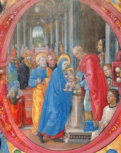 Corale B 26 c.113r Initiale historiée C représentant la Présentation au Temple, avec un portrait de Laurent le Magnifique (1449-92) à droite - Tommaso di Baldassare