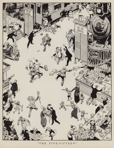 Les navetteurs se précipitant pour attraper le train de 17h15 sur le point de quitter la gare (lithographie) - Tony Sarg