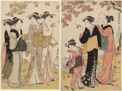 Beautés sous un érable, de la série "Une collection de beautés contemporaines des quartiers de plaisir (Tosei yuri bijin awase)" - Torii Kiyonaga