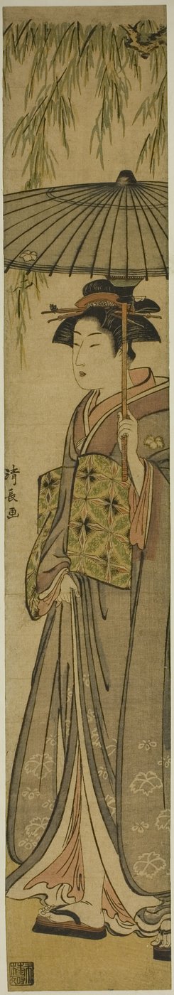 Geisha portant une ombrelle sous un saule - Torii Kiyonaga