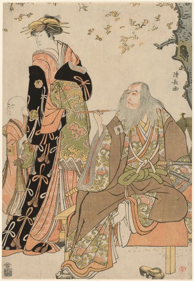 Les acteurs Ichikawa Danjuro V dans le rôle de Hige no Ikyu, Nakamura Riko dans le rôle d
