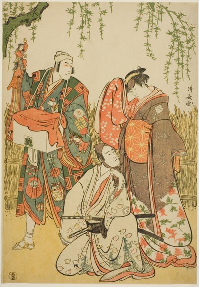 Les acteurs Ichikawa Yaozo III en Shiragiku, Ichikawa Danjuro V en marionnettiste Dekurokubei, et Sawamura Sojuro III en Soga no Juro, dans le joruri "Shinobukoi Yanagi no Katsura Otoko", joué au Théâtre Nakamura en janvier 1785 - Torii Kiyonaga