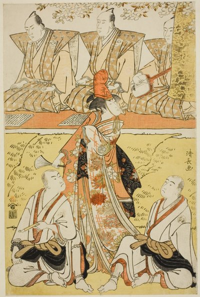 Les acteurs Segawa Kikunojo III en tant que Koito, Sawamura Sojuro III en tant que moine Sainenbo, et Ichikawa Monnosuke II en tant que moine Renseibo, dans le shosa "Mata Saku Hana Museume Dojoji," joué au théâtre Nakamura au quatrième mois, 1783 - Torii Kiyonaga