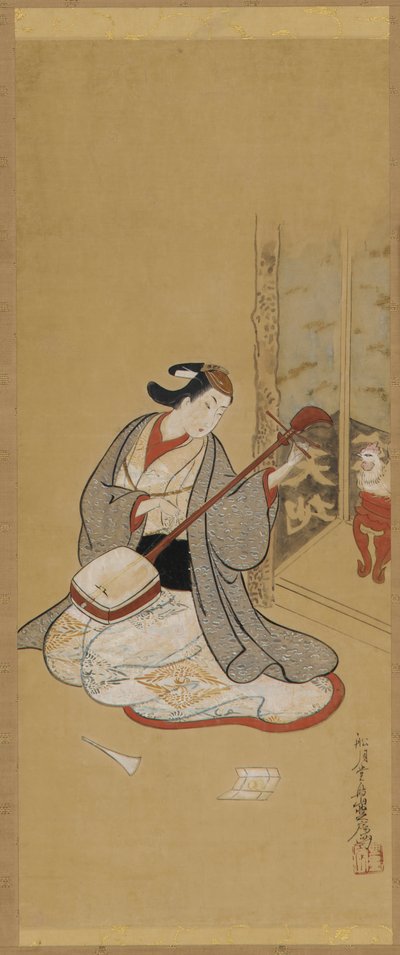 Un acteur en robe féminine jouant du samisen - Toriyama Sekien