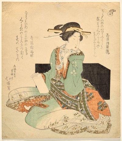 Chanteur assis en robe décorée avec motif de pluvier nageant - Totoya Hokkei
