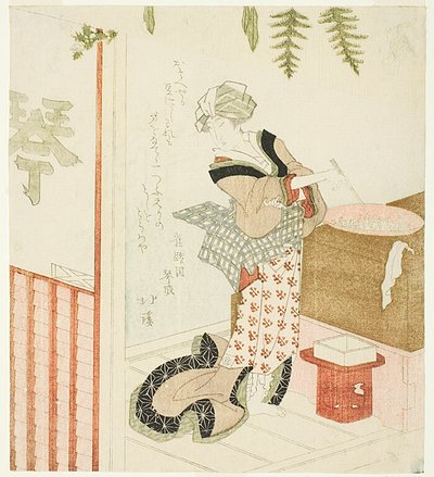 Femme cuisinant des haricots dans un magasin - Totoya Hokkei