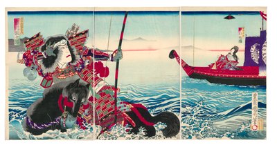 Acteurs Ichikawa Danjuro IX comme Nasu no Yoichi Munetaka et Nakamura Fukusuke IV comme Tamamushi Gozen - Toyohara Kunichika