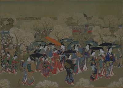 Beautés admirant les cerisiers en fleurs sur la rivière Sumida - Toyohara Kunichika