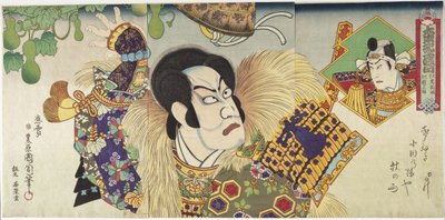 Kawarazaki Gonnosuke dans le rôle de Takechi Mitsuhide et Ichikawa Sadanji dans celui de Mashiba Hisayoshi - Toyohara Kunichika