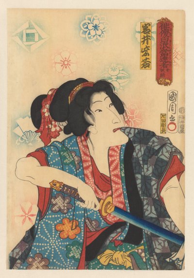 Onna Kansuke tire son épée en tirant sur la manche de son kimono avec ses dents - Toyohara Kunichika
