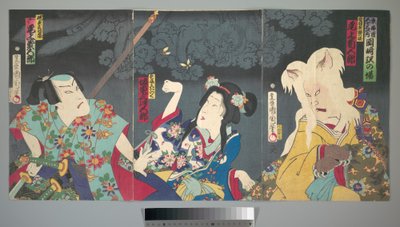 Onoe Kikugorō V als Otowake Neko no ke (Rechts), Bandō Mitsugorō IV als Aishō Michinoku (Mitte), Onoe Kikugorō V als Isogai Mibunosuke (Links) im Kabuki-Stück Tōkai Kidan Nekomata Yashiki - Toyohara Kunichika
