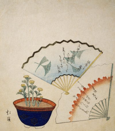Vase avec Adonis et deux éventails décorés de poèmes par Ichotei Mitsunori et Fudegaki, vers 1830 - Toyota Hokkei