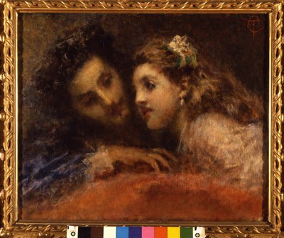 Attrazione, un homme se penche vers un enfant de manière complice et rassurante. Il est probablement un père et sa fille (bouche à oreille). Peinture de Tranquillo Cremona (1837-1878) Galleria d