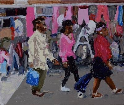 Acheteurs du marché (Deptford, Londres), 2018 (huile sur carton) - Trevor Burgess