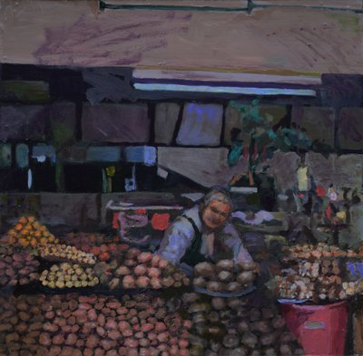 Étalage de pommes de terre (Quito, Équateur), 2015 (huile sur carton) - Trevor Burgess